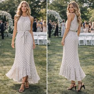 Calvin Klein Polka Dot Maxi Dress 10 Ruffle Cocktail Cruise Classic Chic Timeles